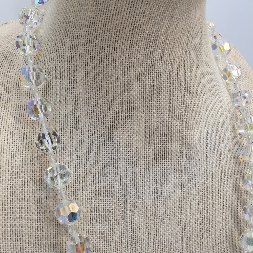 Vintage Aurora Borealis Glass Crystal Bead Necklace Facet goldtone flower clasp